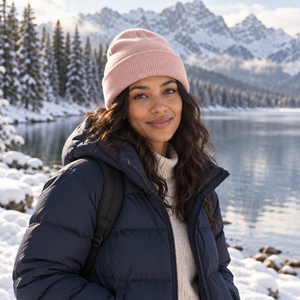 ATC C100 Everyday Knit Cuff Toque mountain lifestyle mockup 2 - Pale Blush