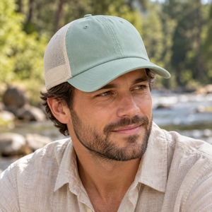Comfort Colors CCST0 Sunwashed Trucker Cap in Bay, lifestyle view