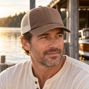 Comfort Colors CCST0 Sunwashed Trucker Cap in Espresso, lifestyle view