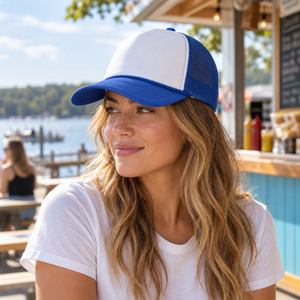 CSW 24/7 H08210 Retro 5-Panel Foam Snap Back Trucker Cap in White / Royal, lifestyle view
