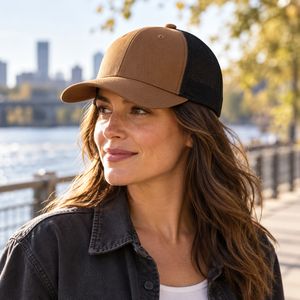 CSW 24/7 H08205 Snap Back Trucker Cap in Caramel / Black, lifestyle view