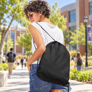Custom Drawstring Bag shown in use, with a blank area for custom decoration