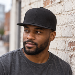 YP Classics 6089M Premium Flat Bill Snapback Cap in Black, lifestyle view