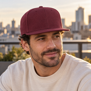 YP Classics 6089M Premium Flat Bill Snapback Cap in Maroon, lifestyle view