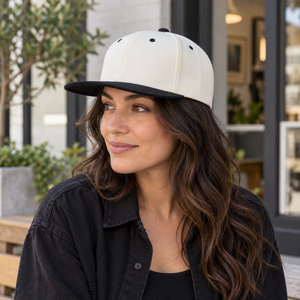 YP Classics 6089M Premium Flat Bill Snapback Cap in Natural / Black, lifestyle view