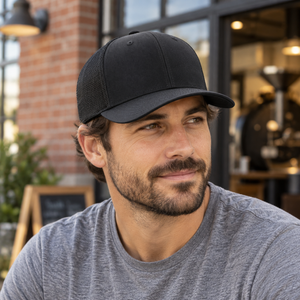 Richardson 112 Snapback Trucker Cap in Black, lifestyle view