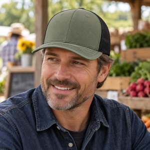 Richardson 112 Snapback Trucker Cap in Loden / Black, lifestyle view