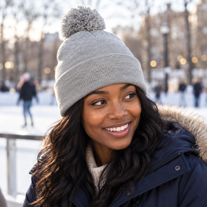 Sportsman SP15 Embroidered 12" Solid Cuffed Pom Pom Toque in Heather Light Grey, lifestyle view