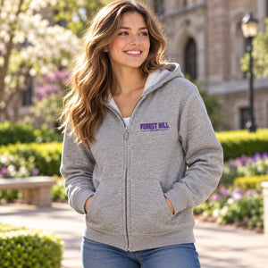Embroidered Forest Hill Adult Unisex Zip Up Hoodie — premium lifestyle photograph with original Forest Hill design