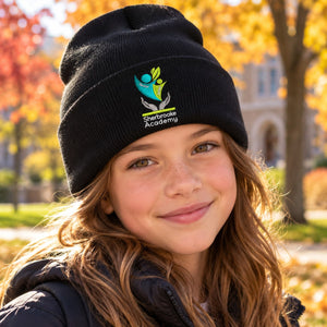 Embroidered Sherbrooke Academy Toque — lifestyle photograph with original school design