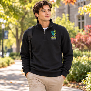 Embroidered Sherbrooke Academy - Unisex 1/4 Zip Sweater — lifestyle photograph with original school design