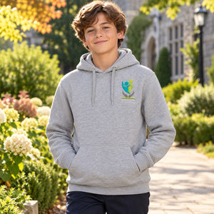 Embroidered Sherbrooke Academy - Unisex Pullover Hoodie — lifestyle photograph with original school design