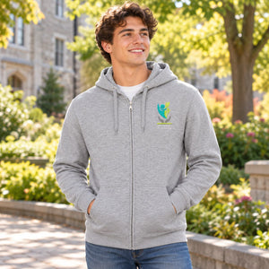 Embroidered Sherbrooke Academy - Unisex Zip Up Hoodie — lifestyle photograph with original school design