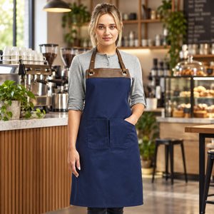Espresso Bib Apron with Pockets shown in use, with a blank area for custom decoration