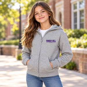 Forest Hill - Youth Unisex Zip Up Hoodie — premium lifestyle photograph with original Forest Hill design
