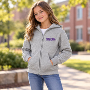 Forest Hill - Youth Unisex Zip Up Hoodie — premium lifestyle photograph with original Forest Hill design
