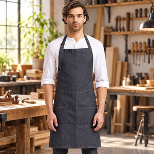 Four-Pocket Jeans Stitch Denim Bib Apron shown in use, with a blank area for custom decoration