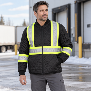 Model wearing the CX2 Hivis Freezer Jacket in a lifestyle setting - Black