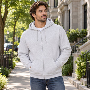 Gildan 18600 Heavy Blend Full-Zip Hooded Sweatshirt, blank apparel in a premium lifestyle setting