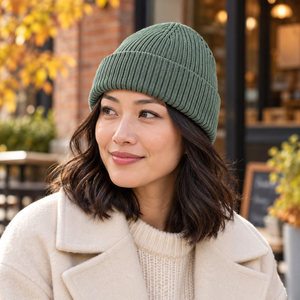 Muskoka Trail Garment Co. H08050 Ridge 2×2 Rib Knit Cuff Toque in Sage Green — winter lifestyle mockup