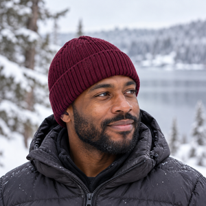 Muskoka Trail Garment Co. H08050 Ridge 2×2 Rib Knit Cuff Toque in Burgundy — winter lifestyle mockup