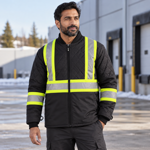 Model wearing the CX2 Kenworth 5-in-1 hi-vis coat's quilted inner jacket in an industrial courtyard - Black