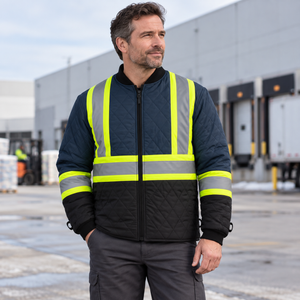 Model wearing the CX2 Kenworth 5 In 1 Hivis Coat in a lifestyle setting - Navy