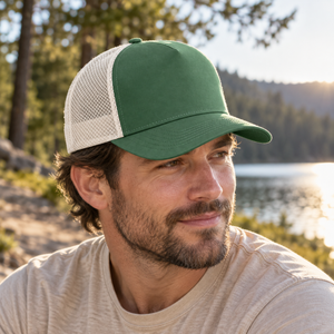 KOI® KOI® Matte 5-Panel Trucker Cap – KOI1836 in Balsam Green/Bone, lifestyle view