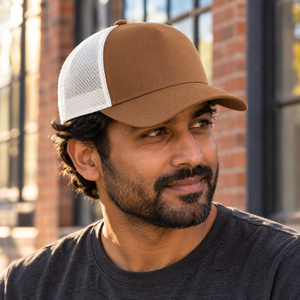 KOI® KOI® Matte 5-Panel Trucker Cap – KOI1836 in Saddle/Bone, lifestyle view