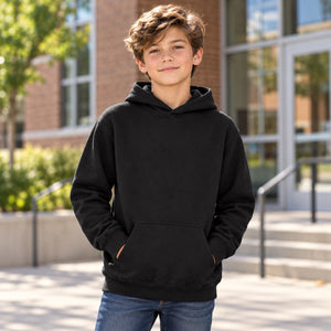 M&O 3322 Youth Fleece Pullover Hoodie — blank garment in a lifestyle setting