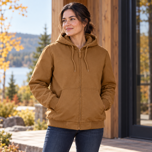 Model wearing the Harriton Unisex ClimaBloc® Heavyweight Hooded Full-Zip Jacket – M722 in a lifestyle setting - Duck Brown