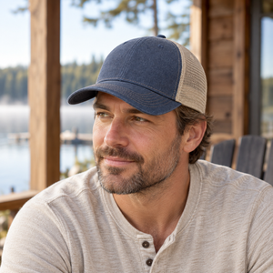 Muskoka Trail Garment Co. H08360 Pigment Dyed Snap Back Trucker Cap in Navy / Khaki, lifestyle view