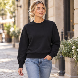 Next Level 9087 Women's Heavyweight Crewneck Sweatshirt — undecorated garment in a premium lifestyle setting