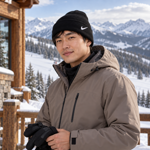 Nike NKFB6539 Team Cuffed Beanie mountain lifestyle mockup 2 - Black