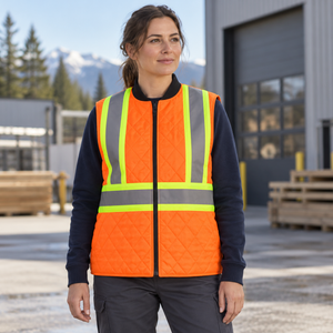 Model wearing the CX2 Hi-Vis Quilted Vest in a lifestyle setting - Orange