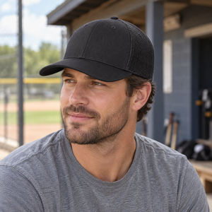 Richardson 110 R-Flex Trucker Cap in Black, lifestyle view