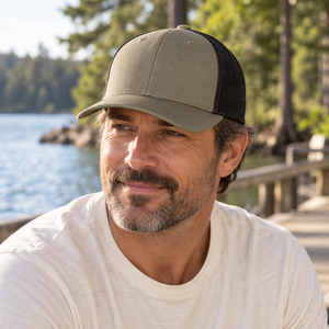 Richardson 110 R-Flex Trucker Cap in Loden/ Black, lifestyle view