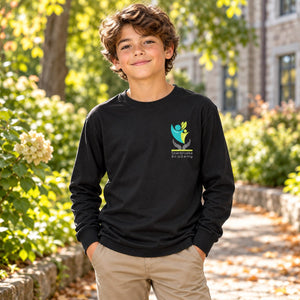 Sherbrooke Academy - Unisex Long Sleeve T-shirt — lifestyle photograph with original school design
