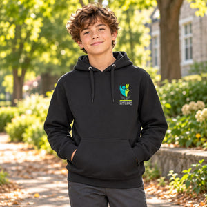 Sherbrooke Academy - Unisex Pullover Hoodie — lifestyle photograph with original school design
