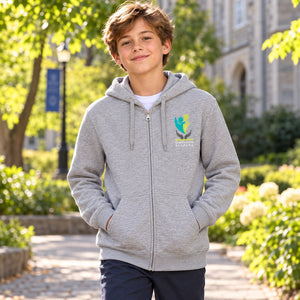 Sherbrooke Academy - Unisex Zip Up Hoodie — lifestyle photograph with original school design