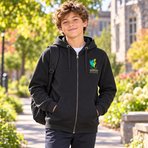 Sherbrooke Academy - Unisex Zip Up Hoodie — lifestyle photograph with original school design