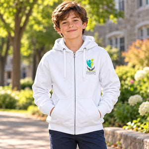 Sherbrooke Academy - Unisex Zip Up Hoodie — lifestyle photograph with original school design