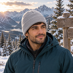 Sportsman SP12FL 12″ Fleece-Lined Cuffed Beanie mountain lifestyle mockup 2 - Heather Grey