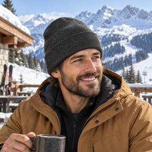 Sportsman SP12SL 12″ Sherpa-Lined Cuffed Beanie mountain lifestyle mockup 1 - Heather Charcoal