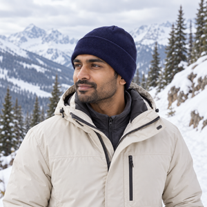 Sportsman SP12SL 12″ Sherpa-Lined Cuffed Beanie mountain lifestyle mockup 3 - Navy
