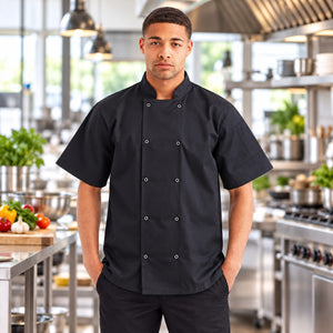 Ten Studded Front Chef Short Sleeve Coat shown in use, with a blank area for custom decoration