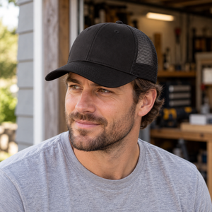 Valucap VC400 Mesh-Back Twill Trucker Cap in Black, lifestyle view