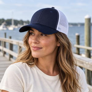 Valucap VC400 Mesh-Back Twill Trucker Cap in Navy/White, lifestyle view