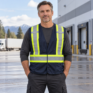 Model wearing the CX2 Vanguard HIVIS Tear-Away Vest in a lifestyle setting - Navy