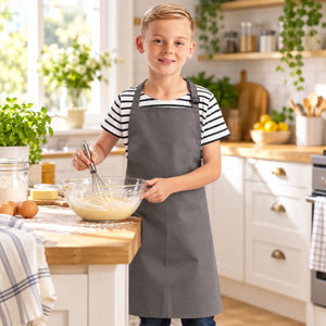 Youth Recycled Apron shown in use, with a blank area for custom decoration